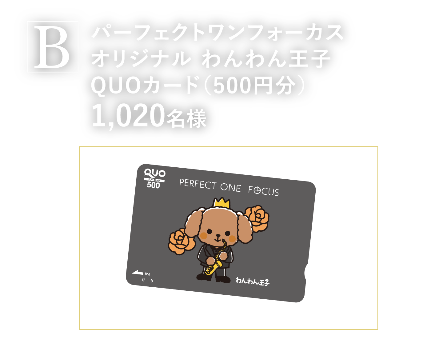 B賞：パーフェクトワンフォーカス オリジナル わんわん王子 QUOカード（500円分） 1,020名様